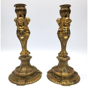 Pair of Antique Bronze Candlesticks w/ Cherubs