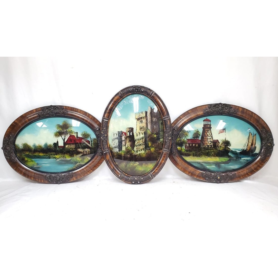 Lot of 3 Reverse Oval Paintings on Convex Glass (1 of 7)