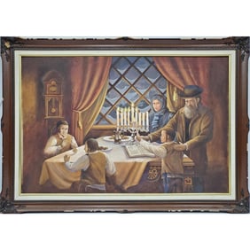 Judaica Large Signed Painting Oil on Canvas