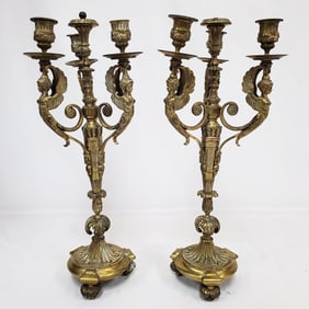 Fine Antique Bronze Pair of 3-Light Candlesticks