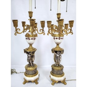 Rare Pair of Antique Bronze Cupid Candelabra Lamps