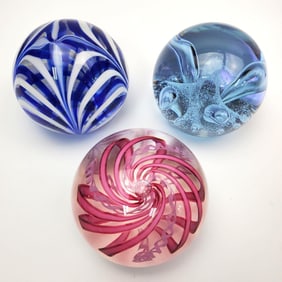 Lot of 3 Vintage Signed Art Glass Paperweights