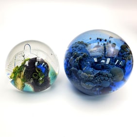 Lot of 2 Vintage Signed Art Glass Paperweights