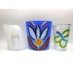 3 Vintage Kosta Boda Painted Art Glass Vases