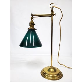 Early 20th C. Adjustable Brass Lamp w/ Green Shade