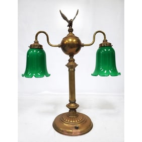 Vintage Brass 2-Light Student Lamp w/ Green Shades