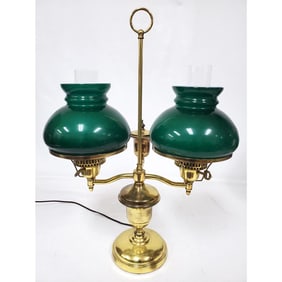 Vintage Brass 2-Light Student Lamp w/ Green Shades