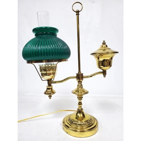 Vintage Brass Student Lamp w/ a Ribbed Green Shade