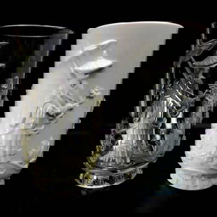 Pair of Verlys French Art Deco Art Glass Vases: Pair of Verlys French Art Deco Art Glass Vases w/ Raised "Mandarin" Patterns Depicting an Oriental Scene. 1 is Signed on the Bottom. 1 is an Opaque White. Condition: Generally Very Good. Dimensions: H