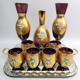Very Fine Venetian Murano Enameled Glass Set &Tray