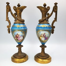 Fine Antique Pair of Serves Style Jeweled Ewers