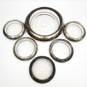 6 Vintage Sterling Silver Mounted Glass Coasters