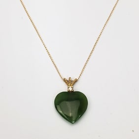 14K Gold, Jade & Diamond Heart Pendant Necklace