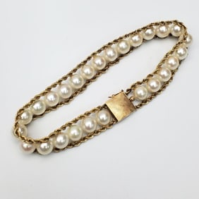 Unusual Vintage 14K Gold & Pearl Bracelet
