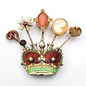Antique Yellow/Rose Gold Enameled Crown Brooch