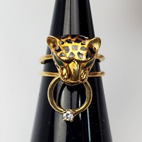 Unusual 14K Gold, Diamond & Enamel Panther Ring