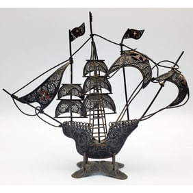 Silver Filigree w/ Enameled Portuguese Ship Model