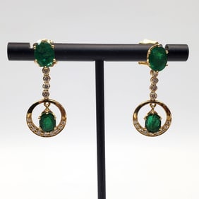 Pair 18K Gold Emeralds & Diamonds Dangle Earrings
