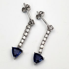 Pair 14K White Gold, Diamonds & Sapphire Earrings