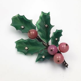 Antique Unusual 14K Gold Diamonds Holly Brooch