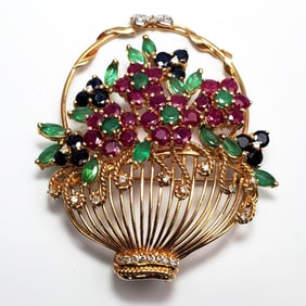 Unusual 14K Gold & Semi Precious Stones Brooch