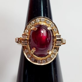 14K Gold & Large Cabochon Ruby & Diamond Ring