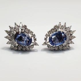 Pair 14K White Gold, Diamonds & Sapphire Earrings