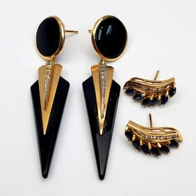 Pair of Large 14K Gold, Diamonds & Onyx Earrings
