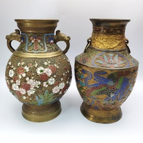 2 Early 20th C. Chinese Enameled Champleve Vases