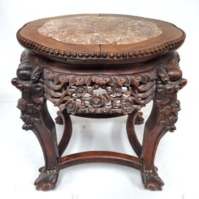 Antique Chinese Carved Wood & Marble Low Table