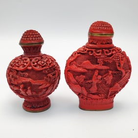 Lot of 2 Chinese Signed Cinnabar Snuff Bottles
