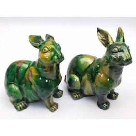 Pair of Chinese Glazed Porcelain Rabbits
