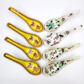 8 Chinese Signed Enameled Yellow & White Spoons