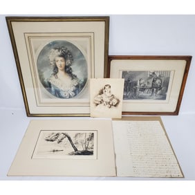 Lot of 5 Antique Etchings, Drawings, & a Letter
