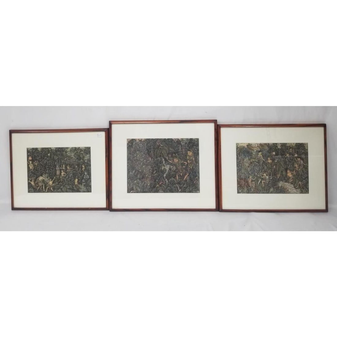 Lot of 3 Signed Balinese Finely Detailed Paintings: Lot of 3 Signed Balinese Finely Detailed Ink and Watercolor Paintings From Ubud, Bali. In Original Redwood Frames Under Glass. Not Examined Out of Frames. Condition: Excellent. Dimensions: Each Sight-