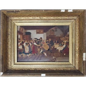 Antique Painting, Oil on Wood "Indoor Scene"