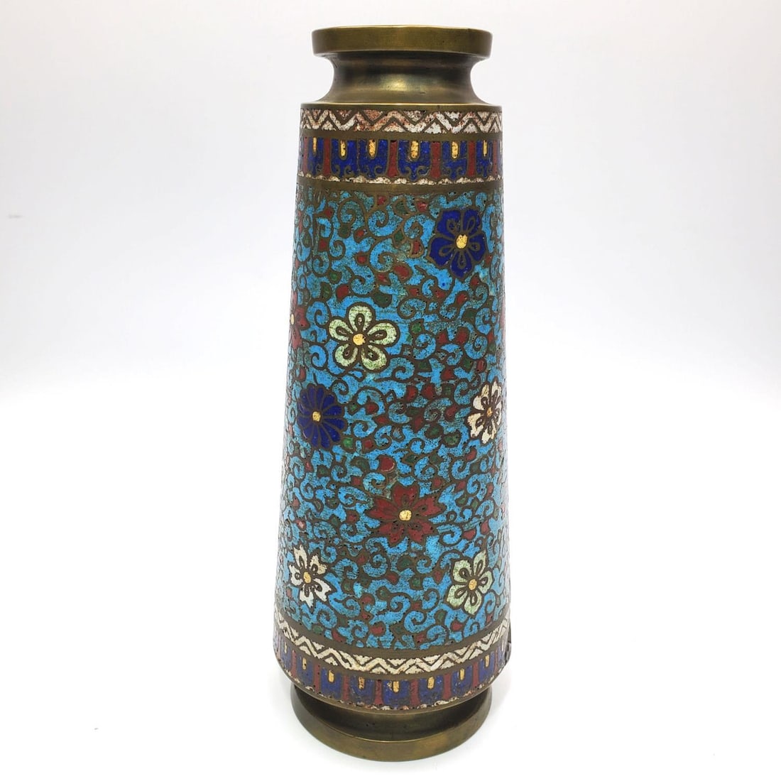 Early Asian Cloisonne Vase: Early Asian Cloisonne Vase. Condition: Generally Good w/ Minor Losses. Sold As Is. Dimensions: H-9.5" x Dia-3.5". Provenance: From a Long Island, NY Home. Please note the absence of a Condition Report