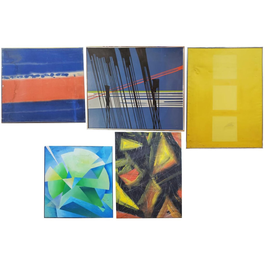 Lot of 5 Large Abstract Paintings, Oil on Canvas: Lot of 5 Abstract Paintings, Oil on Canvas. Largest is Signed Les Woolley and Titled "A View From the Bridge" on the Back. All Are Framed. Condition: Sold As Is. Dimensions: Largest Sight-48" x 41.5".