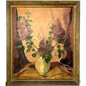 Large Vintage Painting, Oil on Canvas, Flower Vase