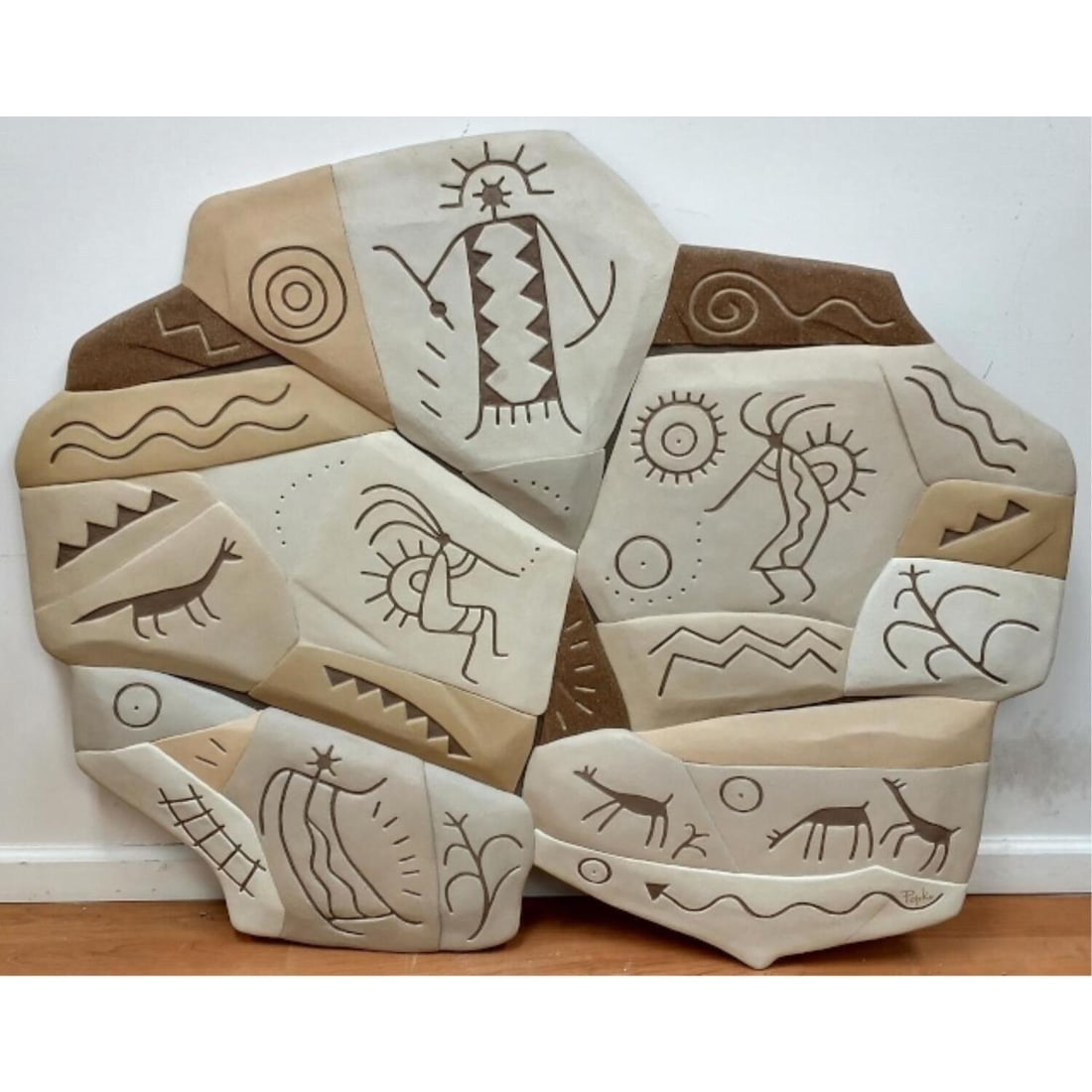 Monumental Native American Sand Wall Art by Popko: Monumental Native American Sand Art Wall Hanging by Popko "Ancient Petroglyphs". Signed Lower Right. Signed, Described, & Dated June 1996 on the Back. Condition: Excellent. Dimensions: 48" x 40". Prov