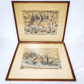 2 Antique European Hand Colored Etchings/Maps