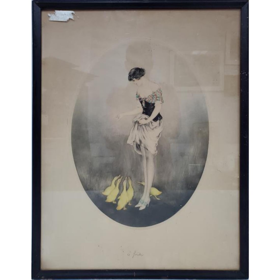 Louis Icart, French (1888-1950) Color Etching: Louis Icart, French (1888-1950) Color Etching "Girl with Ducks". Titled Lower Middle in Pencil "Le Gouter". Has the Blindstamp of Louis Icart Lower Left. Framed Under Glass. Has Not Been Examined Out 