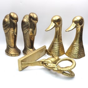 Lot of 5 Brass Items Including Bookends & Figure