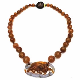 Agate Beaded Necklace w/ Carved Agate Pendant