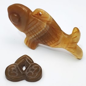 2 Chinese Carved Jade Items Including a Carp Fish