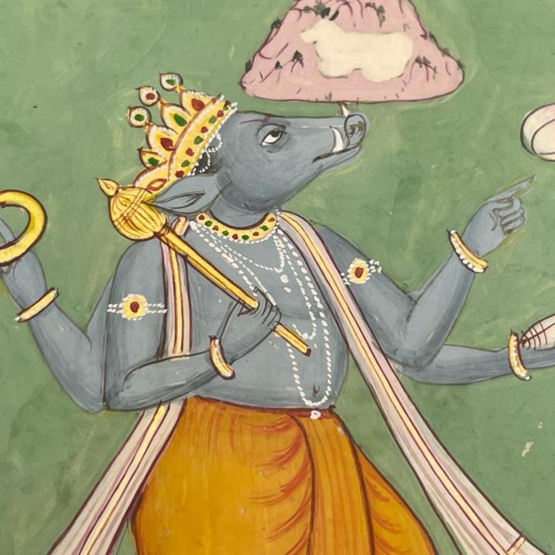 Indian Mini Watercolor Painting "Pahari School": Indian Miniature Watercolor Painting "Pahari School" Inscribed "Varaha." Vishnu in Varaha Form & Brahma. Unframed. Condition: Generally Good. Sold As Is. Dimensions: 10.5" x 6.6". Provenance: From a L
