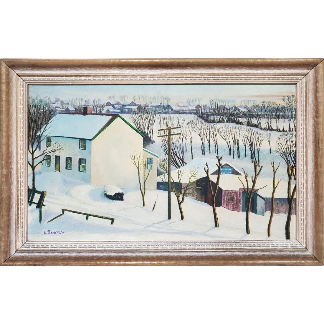 Signed Painting, Oil on Masonite "Winter Country": Signed Painting, Oil on Masonite "Winter Country Scene". Signed "L. Search" Lower Left. Paper Label from "Washington County Museum of Fine Arts" Circa 1945 on the Verso. Framed. Condition: Generally G