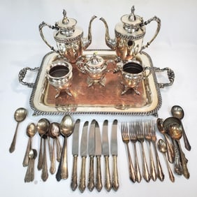 Large Lot of Silver-Plated Items Including Tea Set