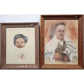 Judaica Signed "S. Jewels" Charcoal & Watercolor