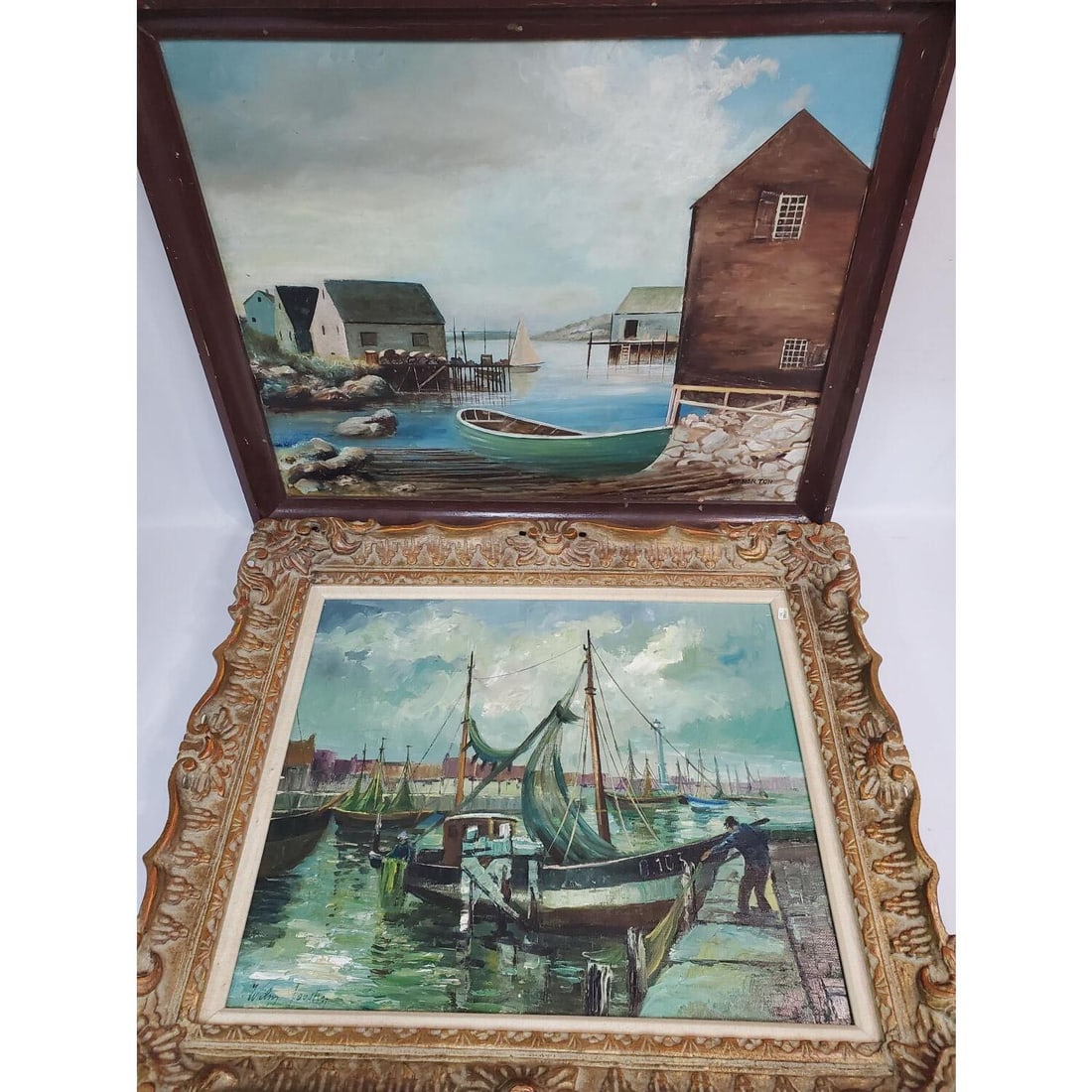 2 Signed Paintings, Oil on Canvas "Boat Scenes": Lot of 2 Signed Paintings, Oil on Canvas "Boat Scenes". One is Signed Lower Left & One is Signed Lower Right. Both In Original Frames. Condition: Generally Good. Dimensions: Largest Sight-23" x 19.5".